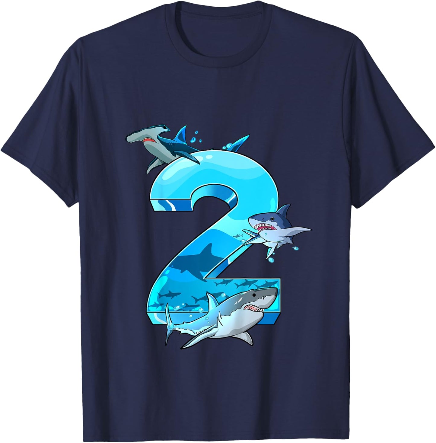Kids Shark Boy 2 Years Birthday Child Children Birthday T-Shirt - T-Shirt | Navy