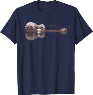Acoustic Guitar Lake Sunset Guitarist Country Rock Music T-Shirt - T-Shirt | Navy