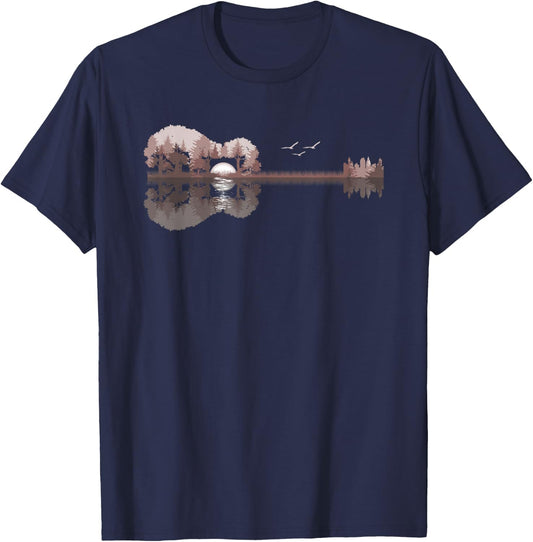 Acoustic Guitar Lake Sunset Guitarist Country Rock Music T-Shirt - T-Shirt | Navy