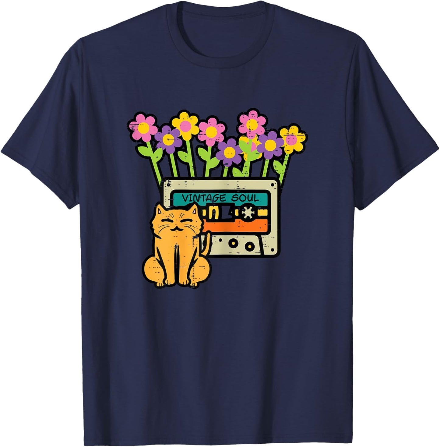 Cat Casette Tape Vintage Soul Flowers Retro Mom Women Girls T-Shirt - T-Shirt | Navy