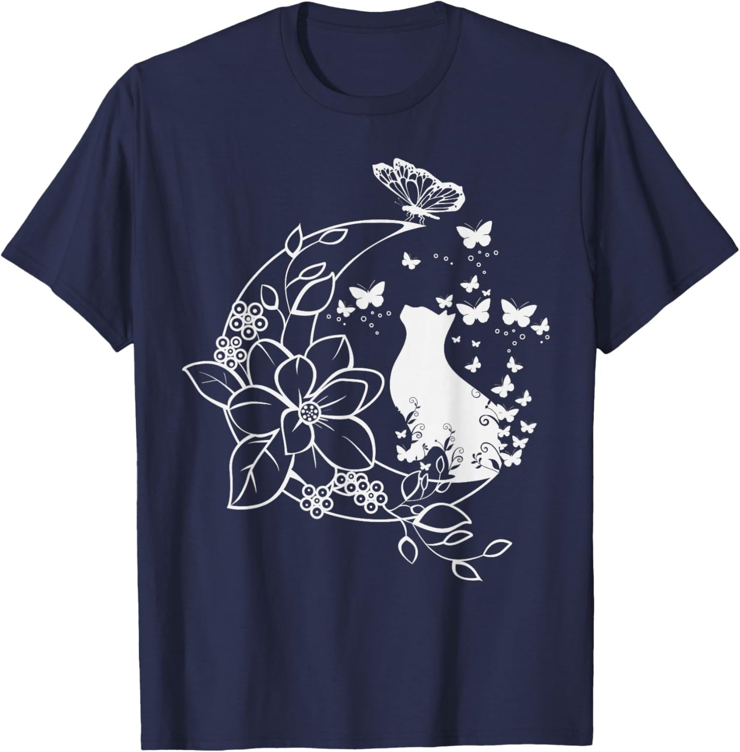 Cat with floral crescent and butterflies. T-Shirt - T-Shirt | Navy