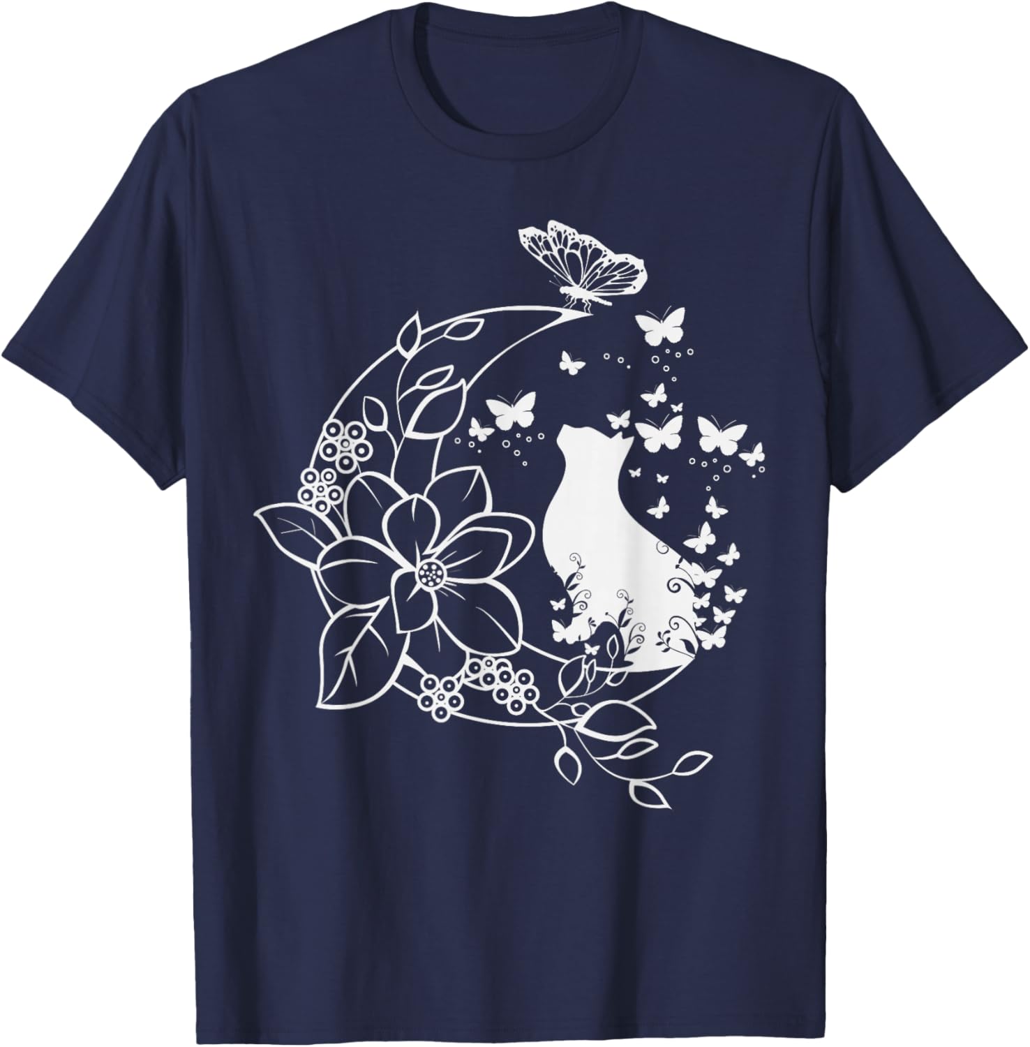 Cat with floral crescent and butterflies. T-Shirt - T-Shirt | Navy
