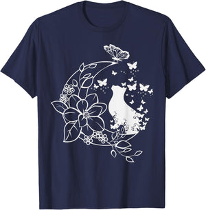 Cat with floral crescent and butterflies. T-Shirt - T-Shirt | Navy