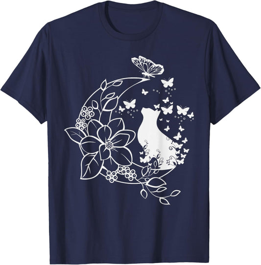 Cat with floral crescent and butterflies. T-Shirt - T-Shirt | Navy