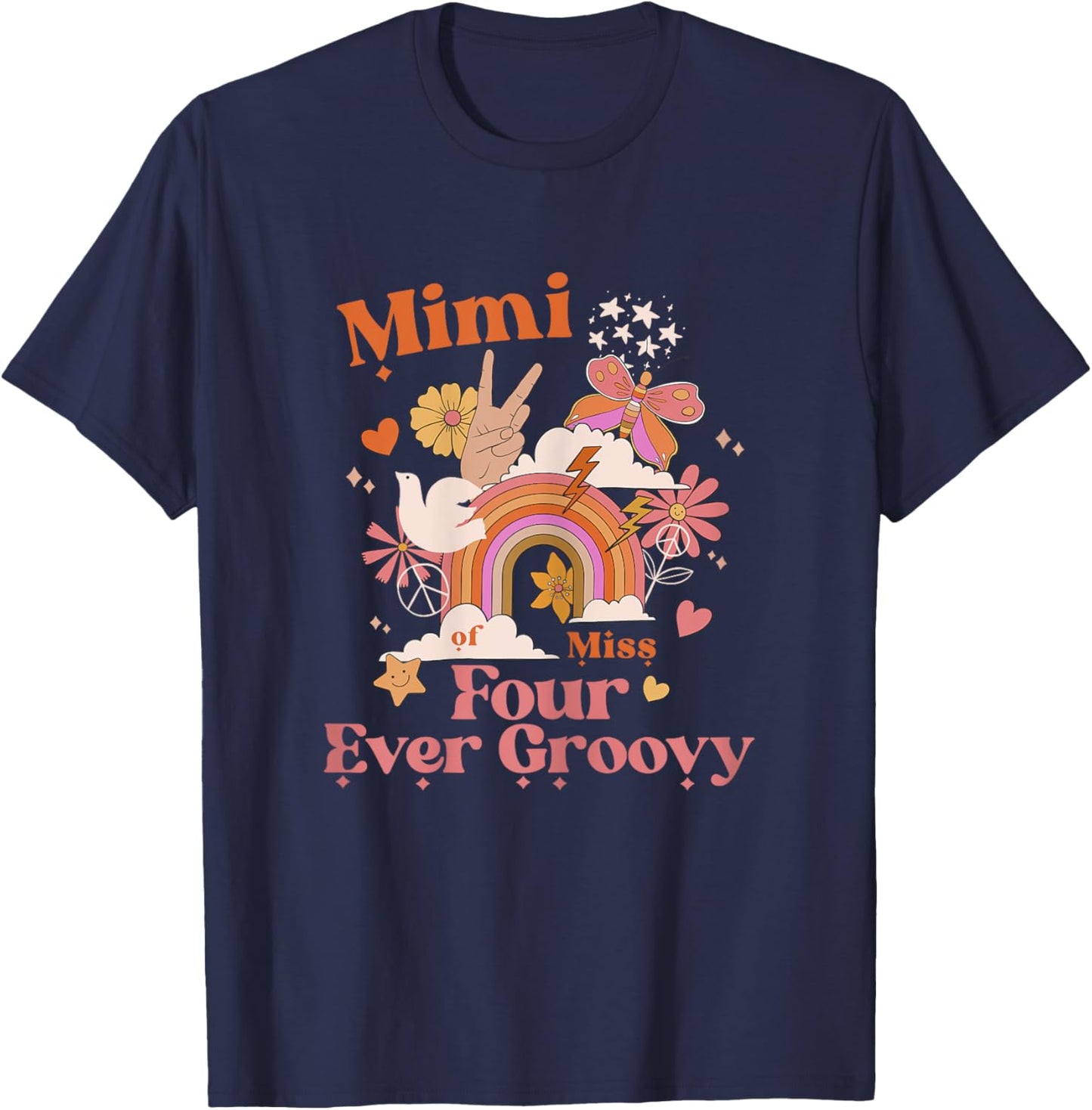 Mimi Mom 4th Birthday Four Ever Groovy Retro Bday Party T-Shirt - T-Shirt | Navy