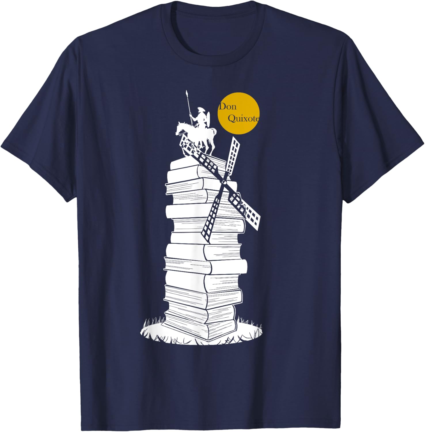 DON QUIXOTE in a Windmill of Books, White Shade T-Shirt - T-Shirt | Navy