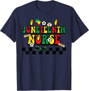 Juneteenth Black Nurse Retro 1865 Groovy Scrub Top Men Women T-Shirt - T-Shirt | Navy