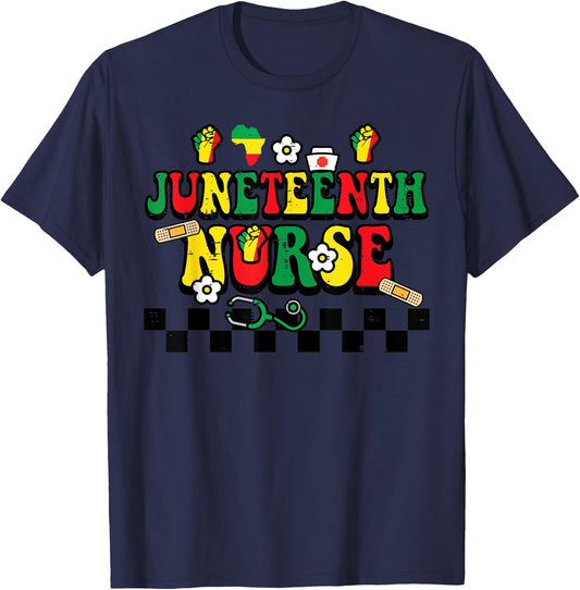 Juneteenth Black Nurse Retro 1865 Groovy Scrub Top Men Women T-Shirt - T-Shirt | Navy
