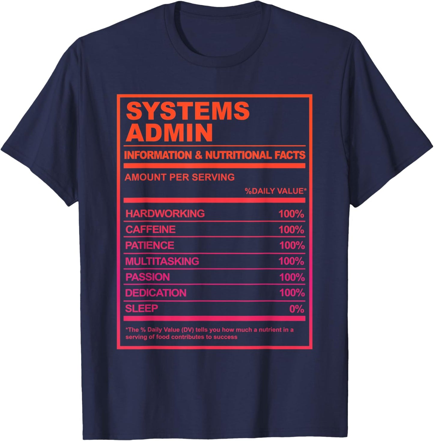 Systems Admin Nutrition Facts Tech Humor T-Shirt - T-Shirt | Navy