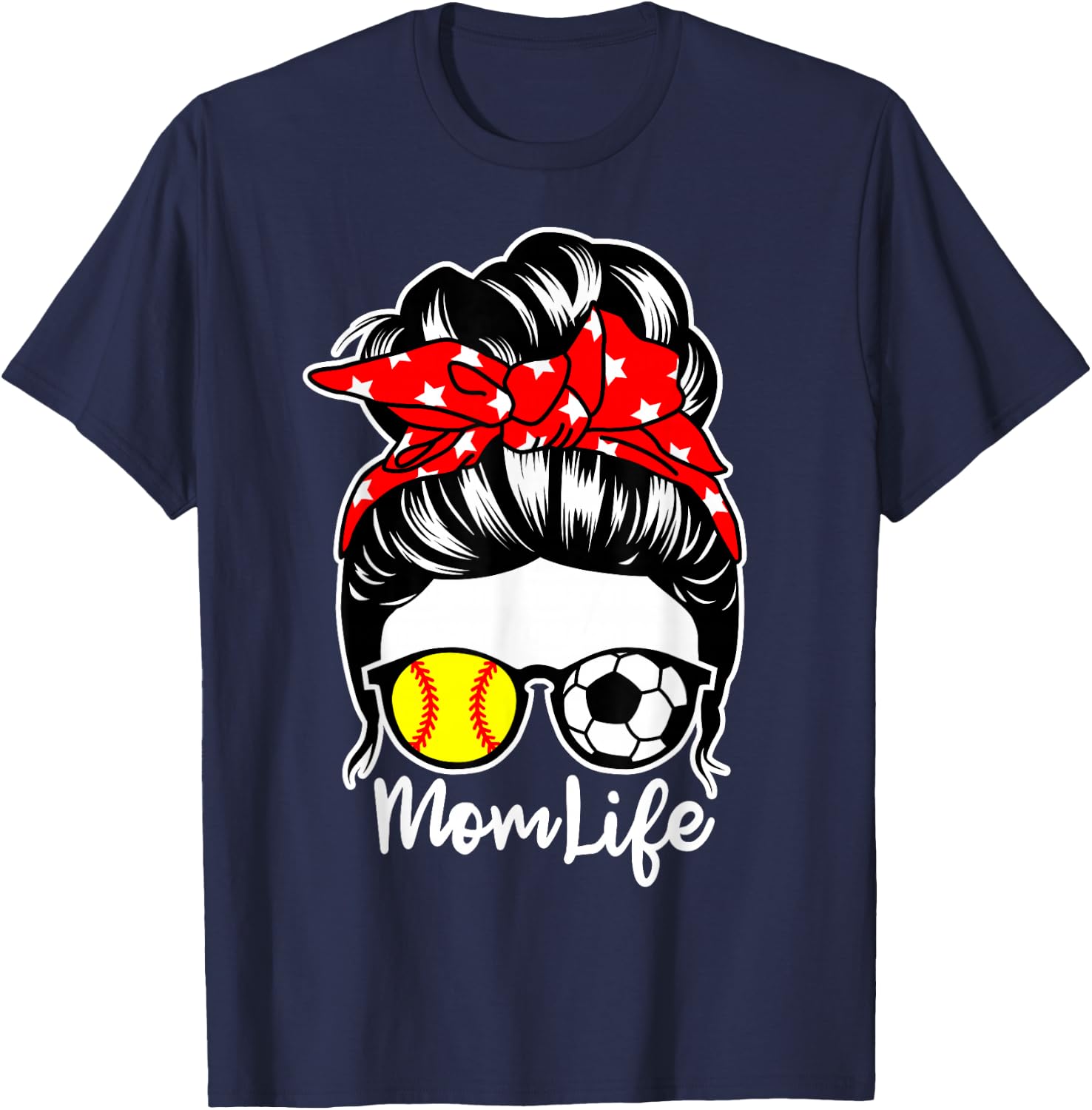 Mom Life Messy Bun Hair Soccer Softball Player Mom T-Shirt - T-Shirt | Navy