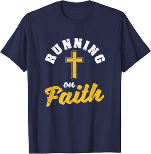 Running On Faith Funny Christian Workout Runner Religious T-Shirt - T-Shirt | Navy