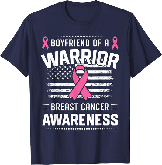 Boyfriend Of A Warrior Breast Cancer Awareness Boyfriend T-Shirt - T-Shirt | Navy