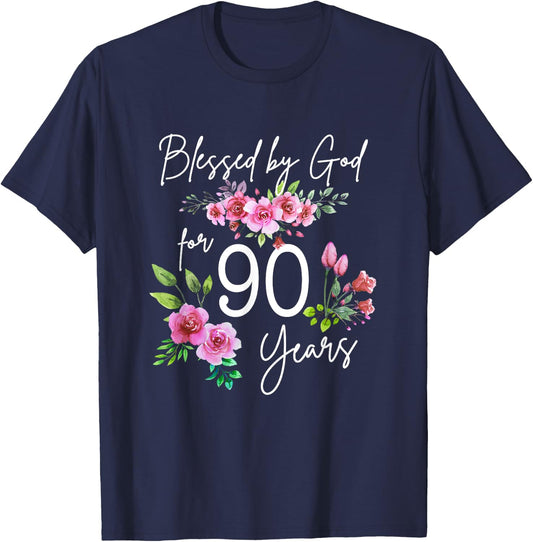 Blessed By God For 90 Years Rose Flower Happy 90th Birthday T-Shirt - T-Shirt | Navy