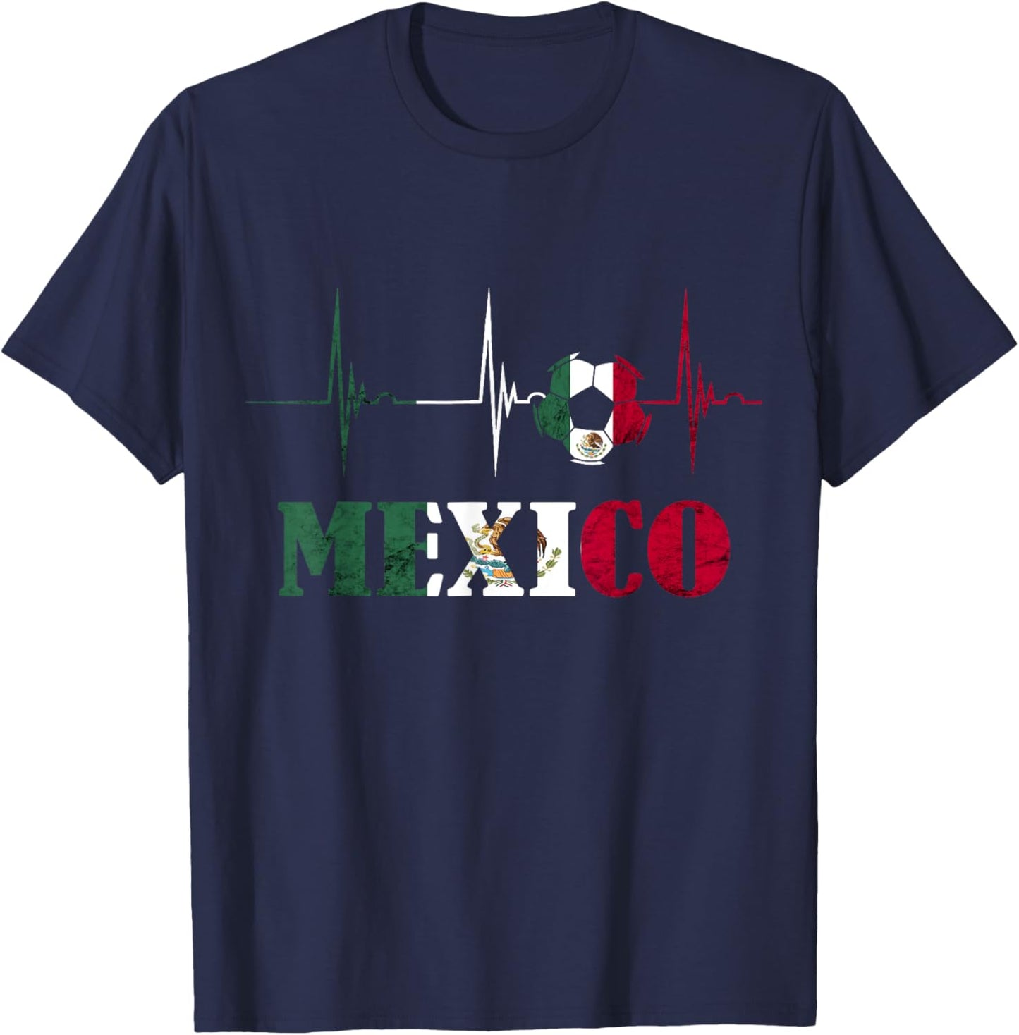 Mexico Heartbeat EKG Pulse Ball Mexico Soccer Mexican Flag T-Shirt - T-Shirt | Navy