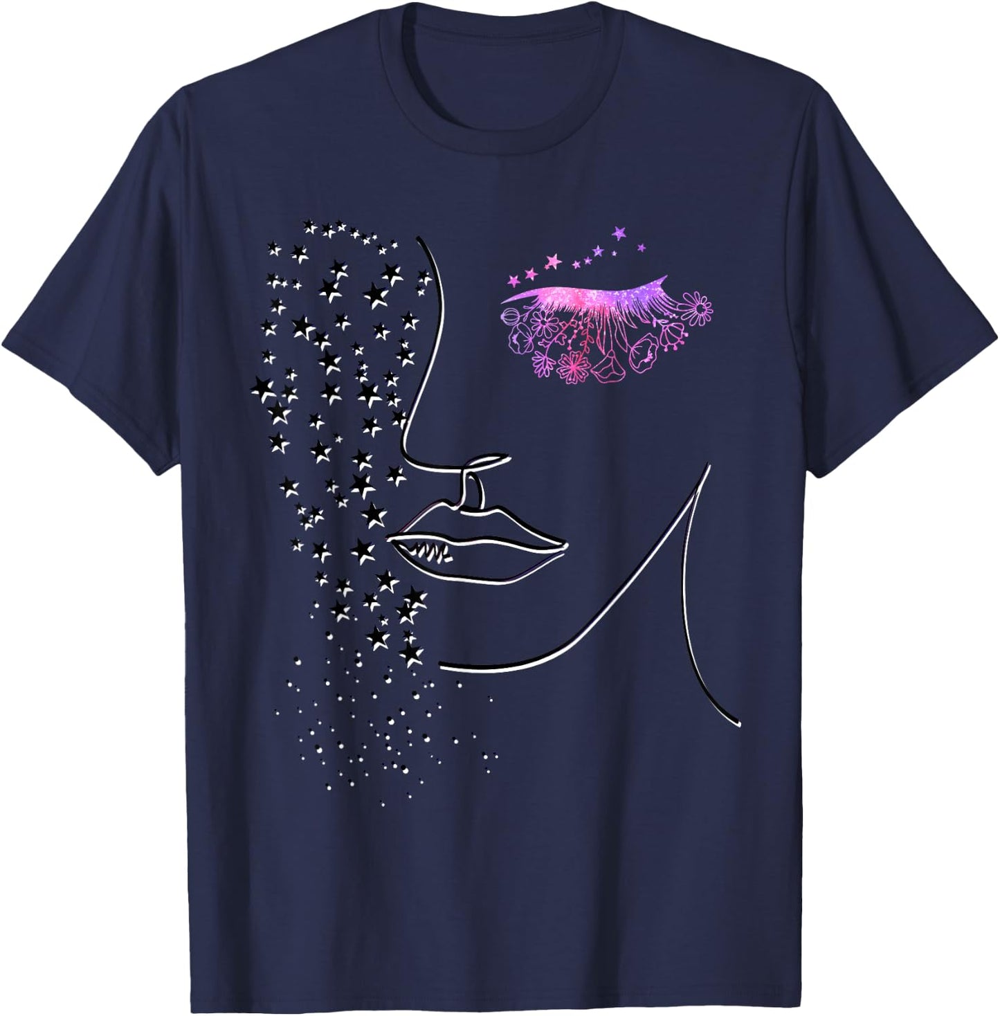 Female Minimalist Face Art - Pink Flower Eye Lashes & Stars T-Shirt - T-Shirt | Navy