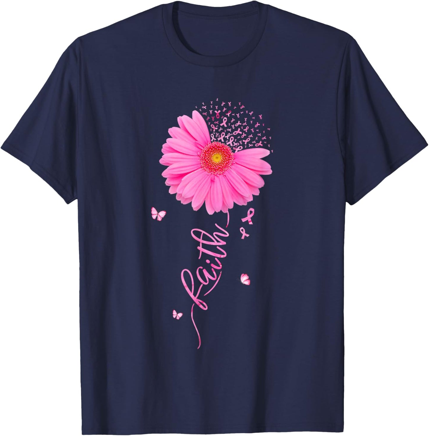 Faith Pink Ribbon Daisy Flower Breast Cancer Awareness Women T-Shirt - T-Shirt | Navy