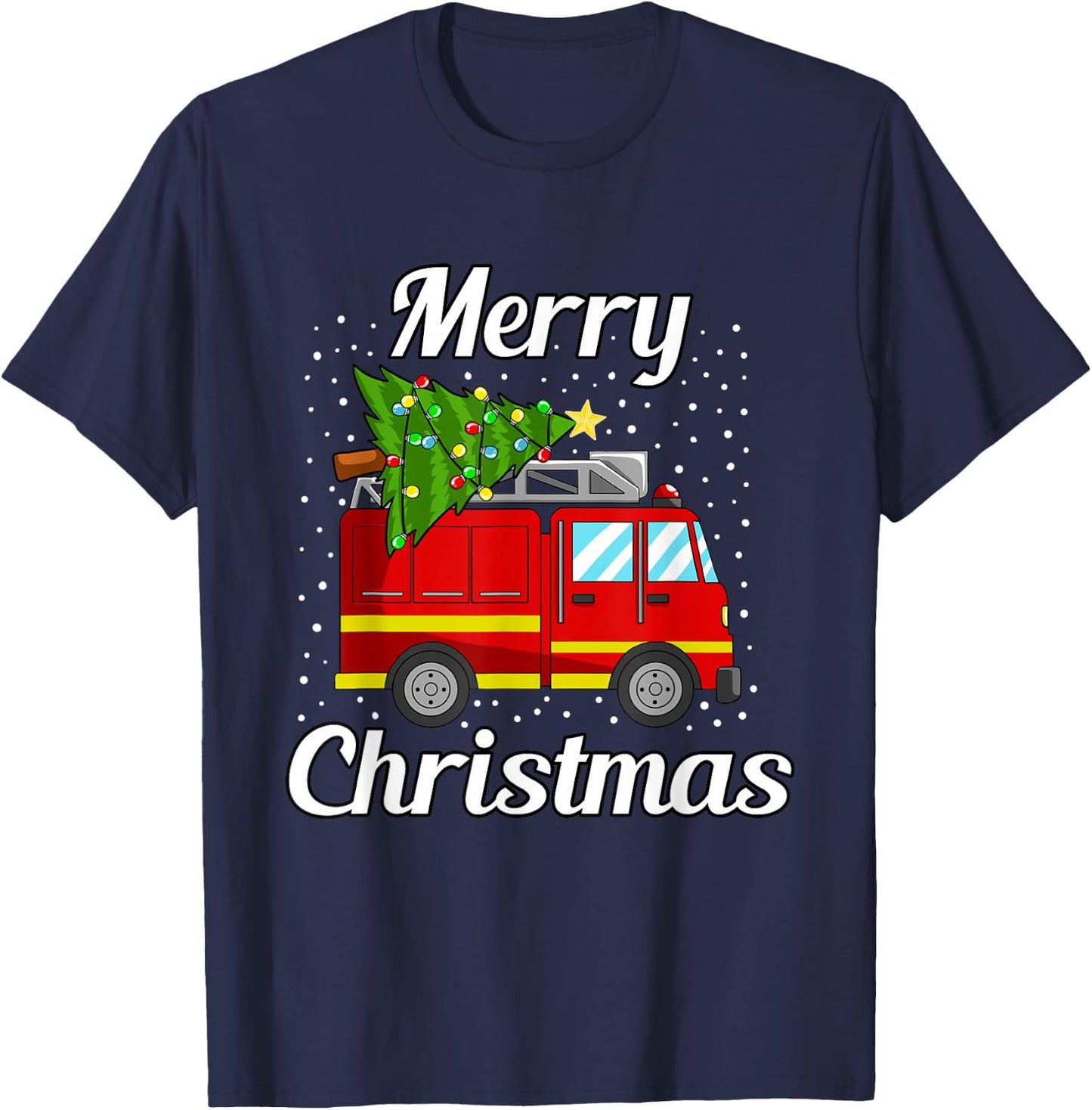 Merry Christmas Tree Firetruck Pajama Firefighter Fireman T-Shirt - T-Shirt | Navy