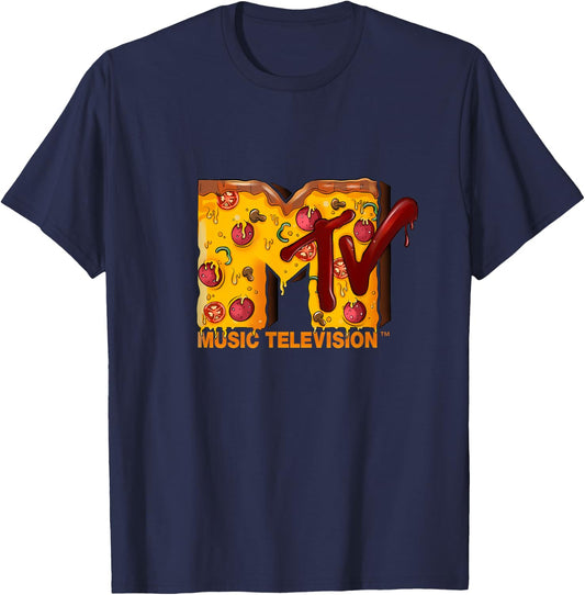 Mademark x MTV - The original MTV Logo with a Pizza for Pizzalover T-Shirt - T-Shirt | Navy