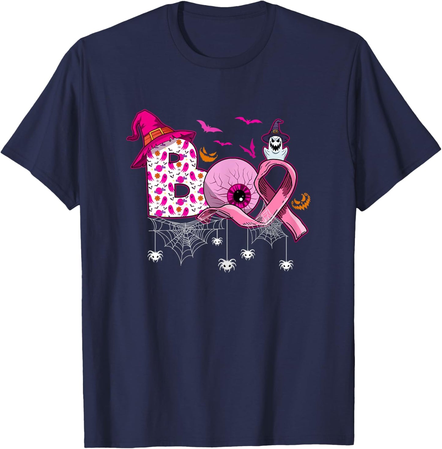 Boo Halloween Pumpkin Pink Ribbon Witch Breast Cancer T-Shirt - T-Shirt | Navy