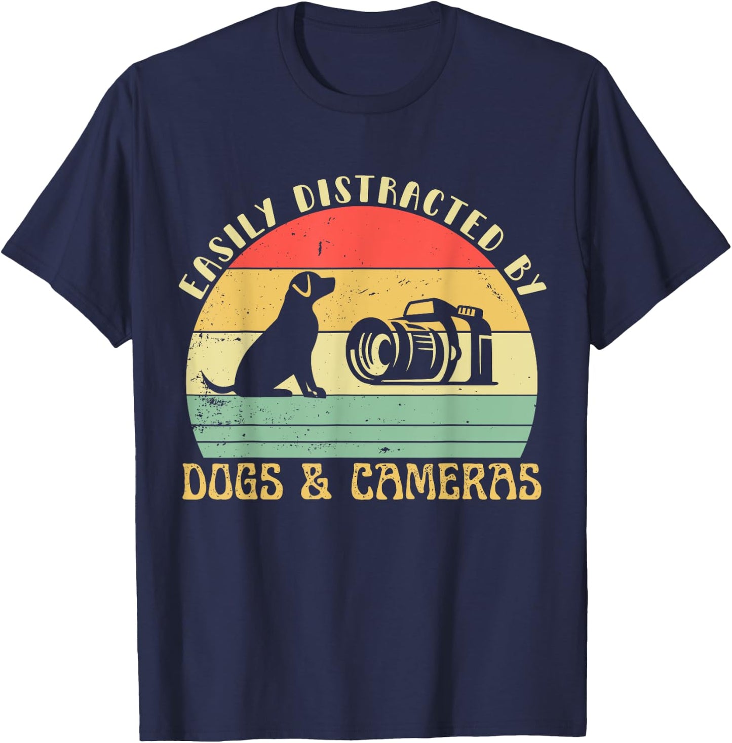 Easily Distracted By Cameras & Dogs Retro Funny Photographer T-Shirt - T-Shirt | Navy