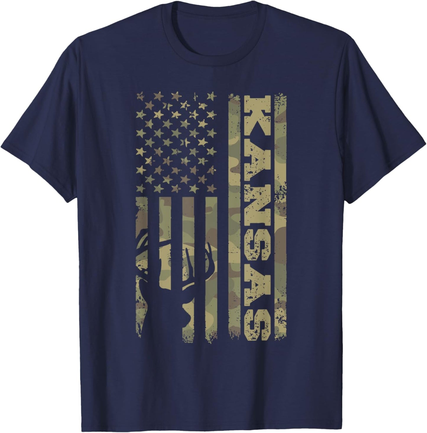 Kansas Deer Hunter Vintage Deer Hunting Camo USA Flag T-Shirt - T-Shirt | Navy