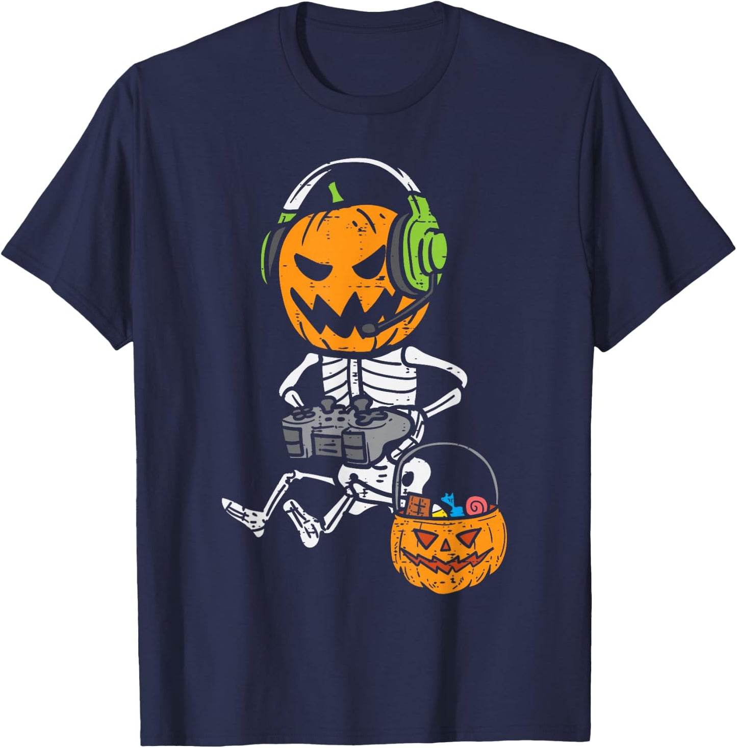 Gamer Pumpkin Skeleton Funny Halloween Gaming Boys Men Kids T-Shirt - T-Shirt | Navy