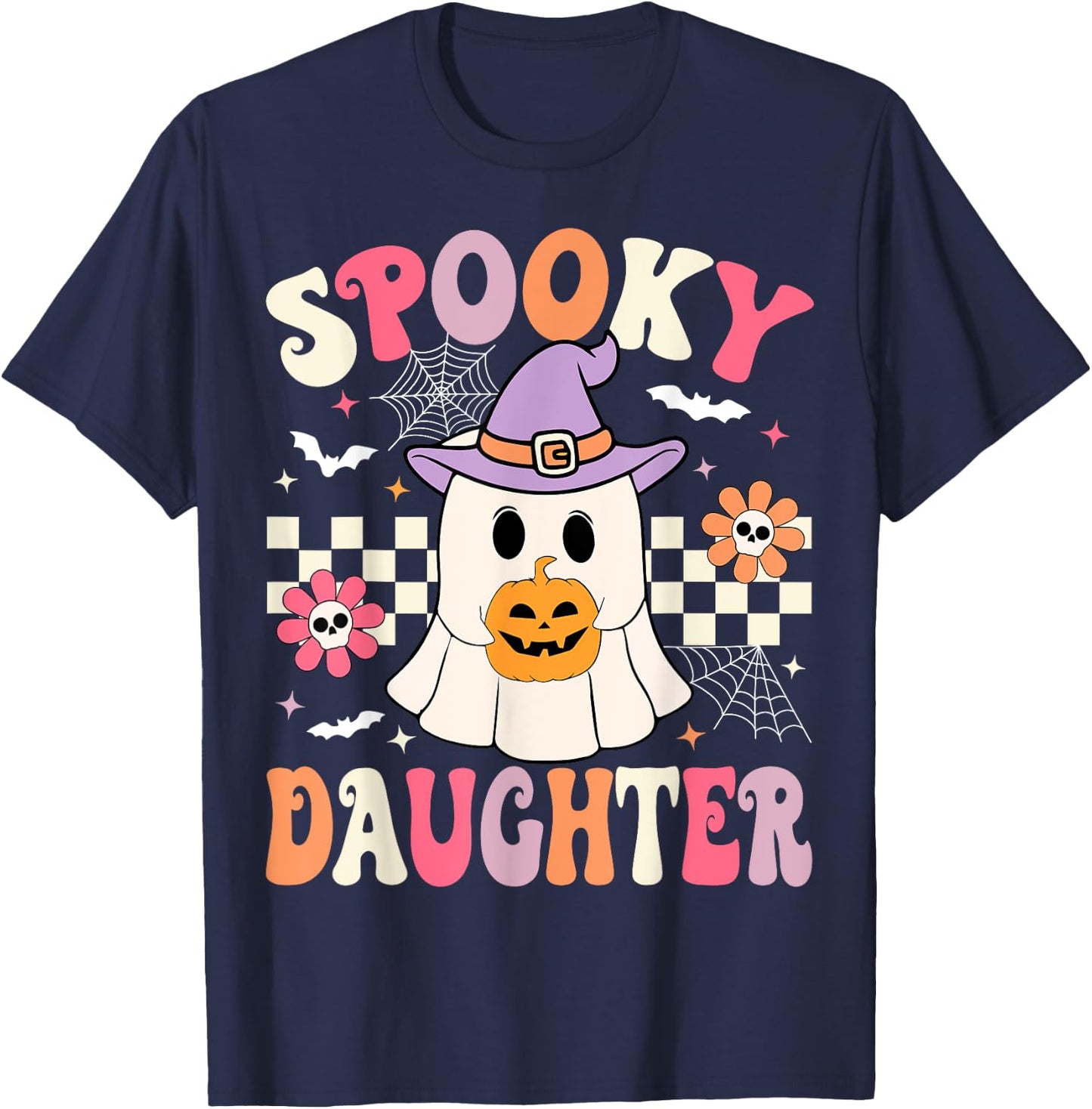Groovy Spooky Daughter Retro Ghost Holding Pumpkin Halloween T-Shirt - T-Shirt | Navy