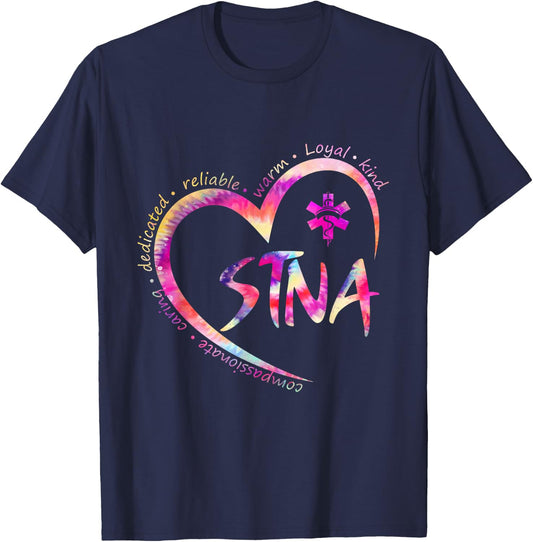 Tie Dye Nurse Stna Life Sunflowers Heart Nursing Assistant T-Shirt - T-Shirt | Navy