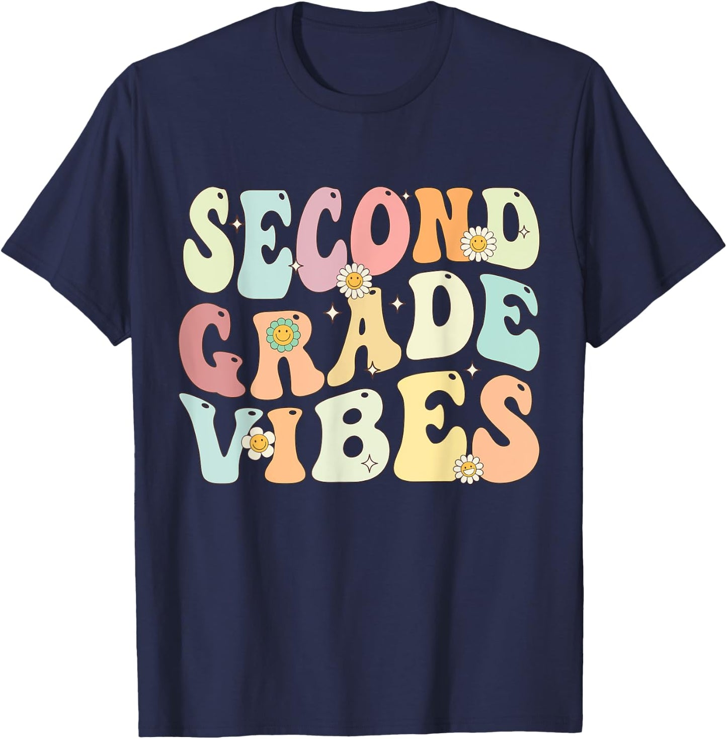 Second Grade Vibes Groovy Retro Back To School Teachers Kids T-Shirt - T-Shirt | Navy