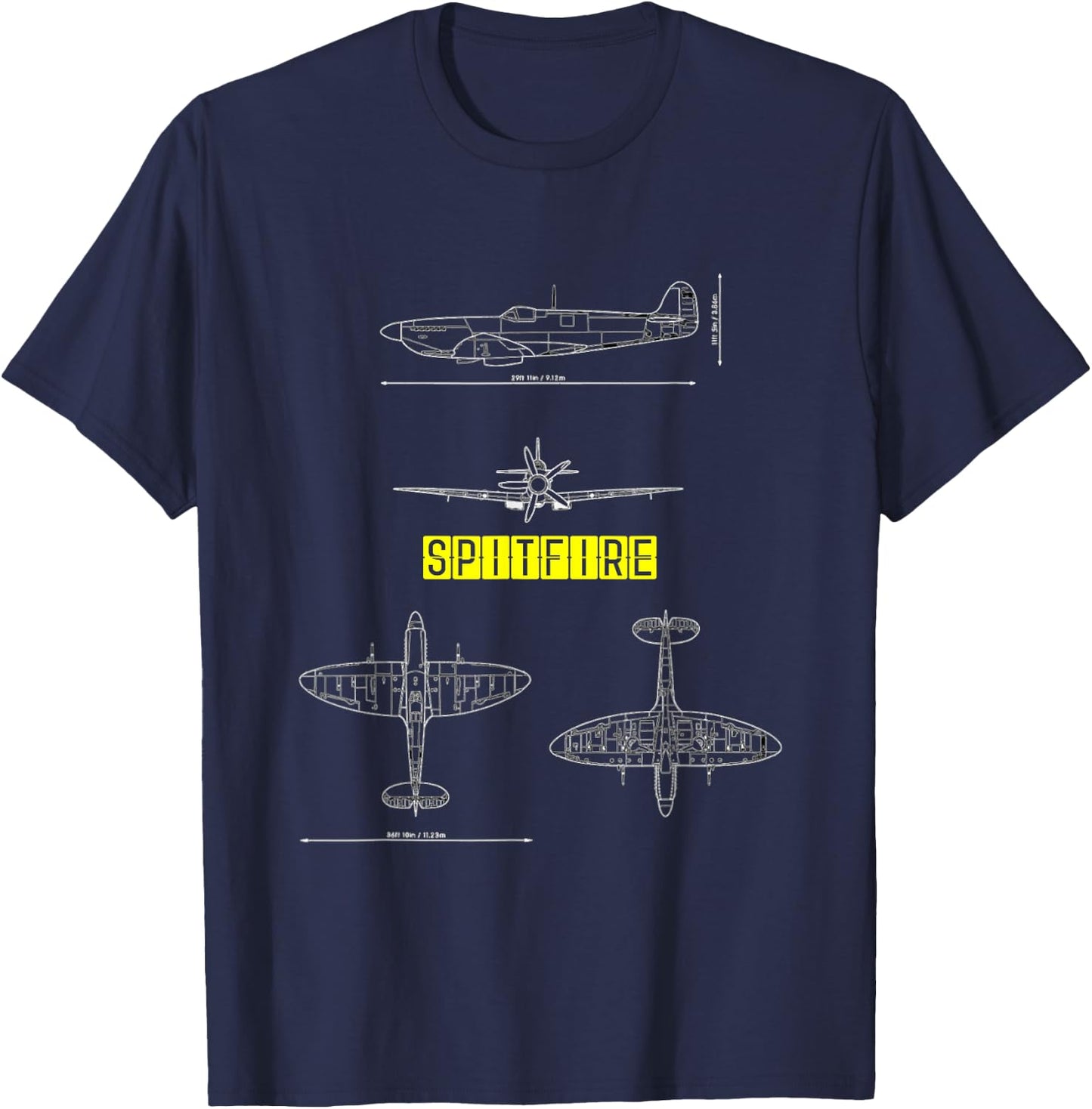 Spitfire Iconic British Airplane Blueprint Design T-Shirt - T-Shirt | Navy