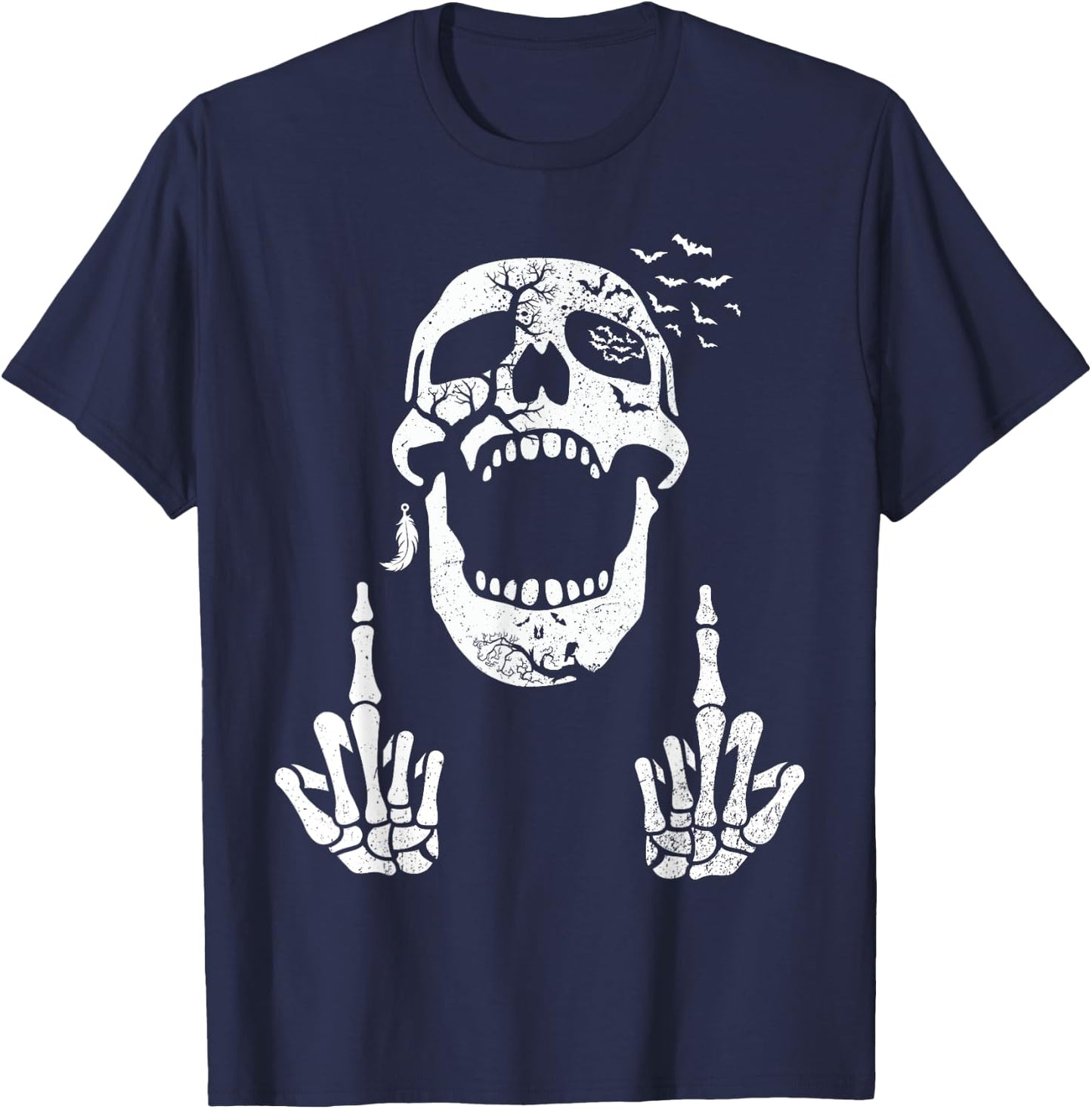 Halloween Skeleton Bones Middle Finger Skull Men Women T-Shirt - T-Shirt | Navy