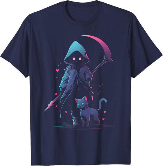 Kawaii Creepy Cute Cat Grim Reaper | Pastel Goth Gothic Women T-Shirt - T-Shirt | Navy