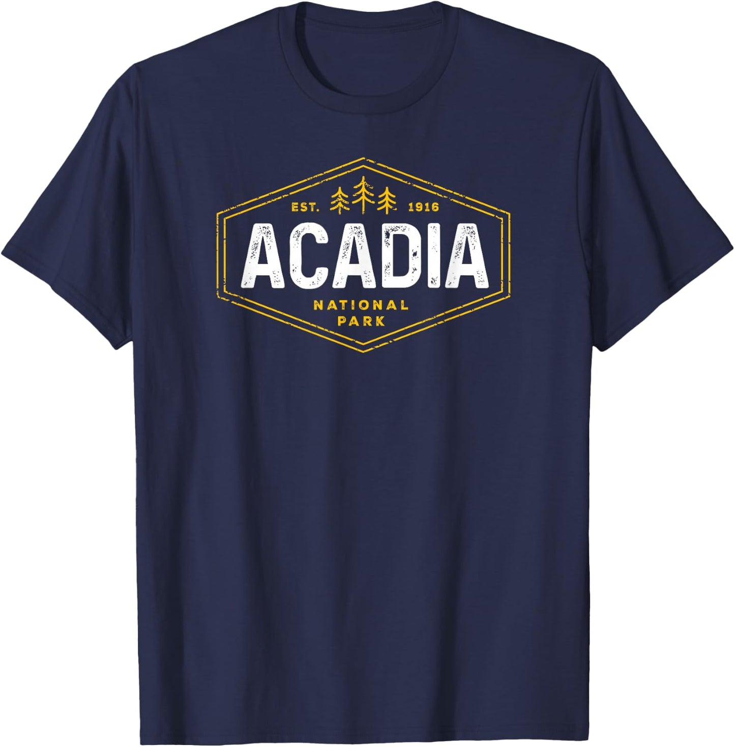 Acadia National Park Shirt Vintage Tree Hexagon Badge Hiking T-Shirt - T-Shirt | Navy