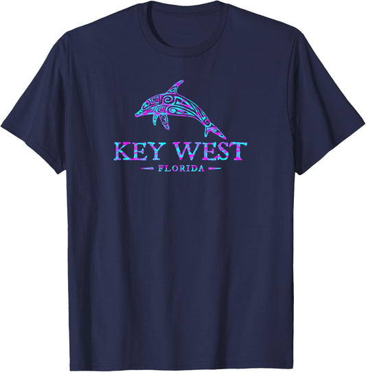 Key West Florida Dolphin Retro Colorful Souvenir T-Shirt - T-Shirt | Navy