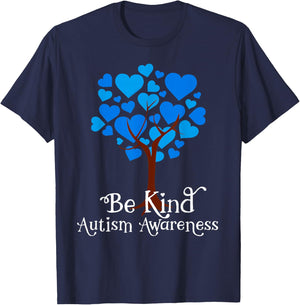 Blue is For April Blue Hearts Tree Be Kind Autism Awareness T-Shirt - T-Shirt | Navy