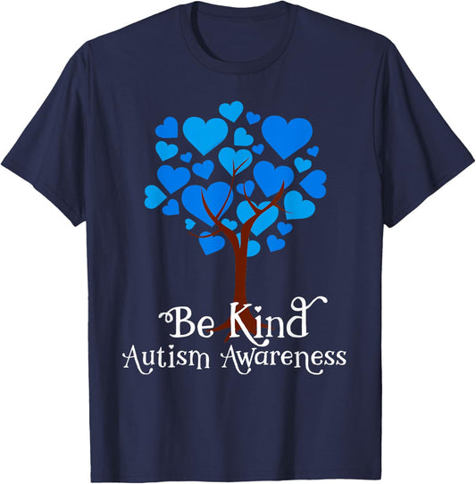 Blue is For April Blue Hearts Tree Be Kind Autism Awareness T-Shirt - T-Shirt | Navy
