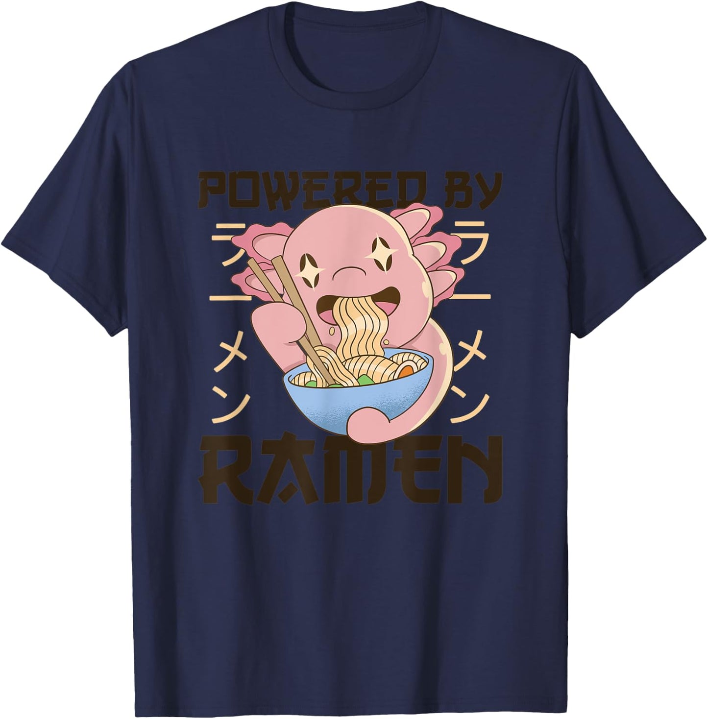 Powered by Ramen Cute Axolotl Eats Ramen Noodles Axolotl T-Shirt - T-Shirt | Navy