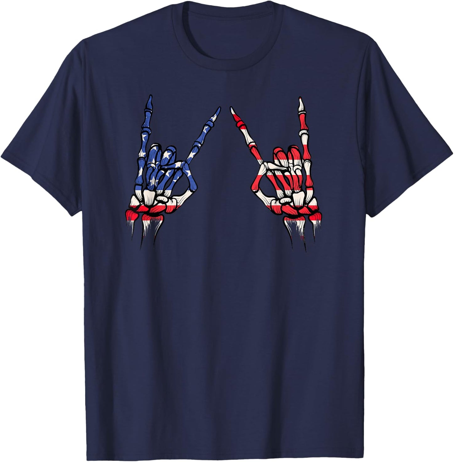 Patriotic USA Flag Skeleton Rock On Devil Horns 4th of July T-Shirt - T-Shirt | Navy