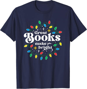 Great Books Make You Bright Christmas Lights T-Shirt - T-Shirt | Navy