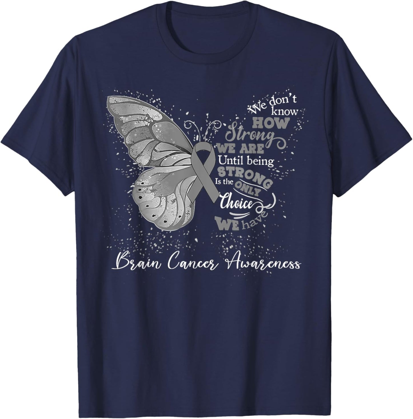 Brain Cancer Awareness Gray Ribbon Butterfly T-Shirt - T-Shirt | Navy