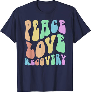 Groovy PEACE LOVE RECOVERY Vintage Sober Clean Celebrate T-Shirt - T-Shirt | Navy