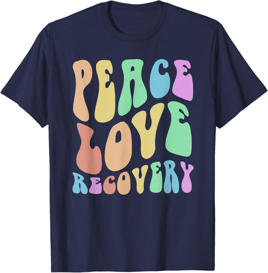 Groovy PEACE LOVE RECOVERY Vintage Sober Clean Celebrate T-Shirt - T-Shirt | Navy