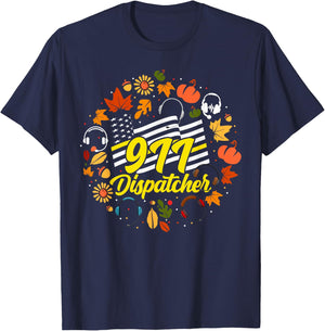 911 Dispatcher Thin Gold Yellow Line Thanksgiving American T-Shirt - T-Shirt | Navy