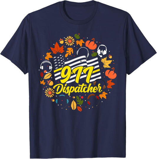 911 Dispatcher Thin Gold Yellow Line Thanksgiving American T-Shirt - T-Shirt | Navy