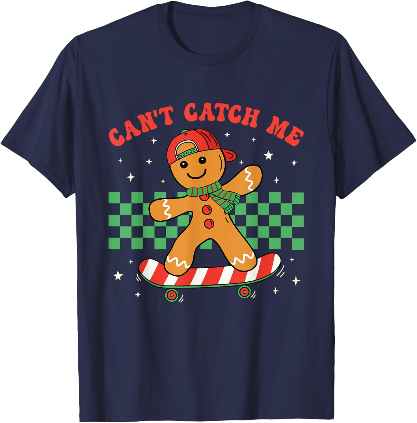 Can't Catch Me Merry Christmas Boy Skateboarding Gingerbread T-Shirt - T-Shirt | Navy