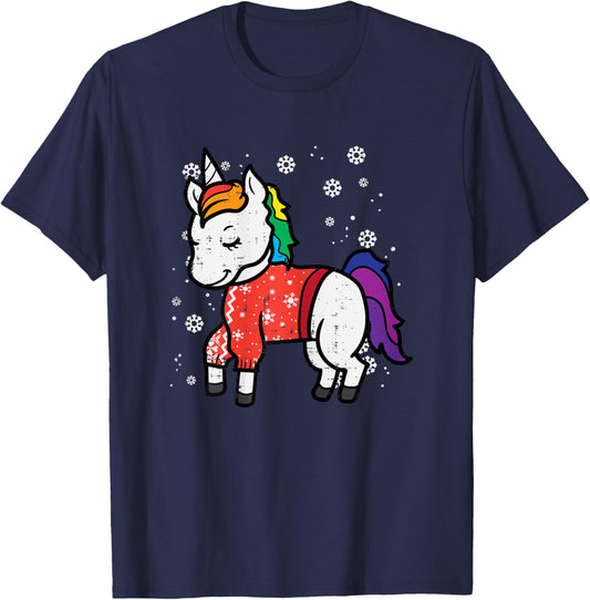 Unicorn Ugly Christmas Sweater Xmas Toddler Girls Kids Women T-Shirt - T-Shirt | Navy