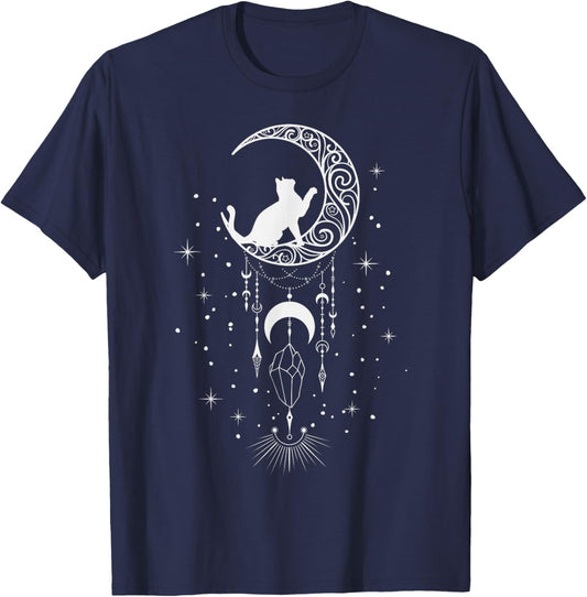 Astrology, Cat, Crescent Moon, Dream Catcher, Esoteric T-Shirt - T-Shirt | Navy