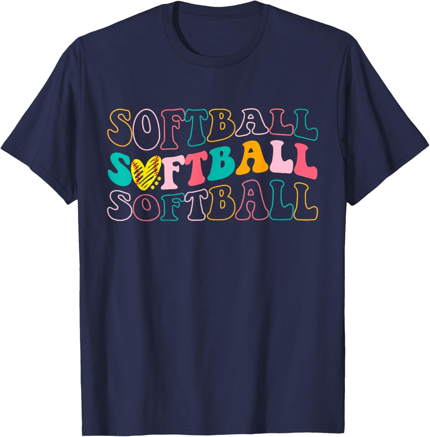 Groovy Love Heart Softball Player Funny Softball Baseball T-Shirt - T-Shirt | Navy