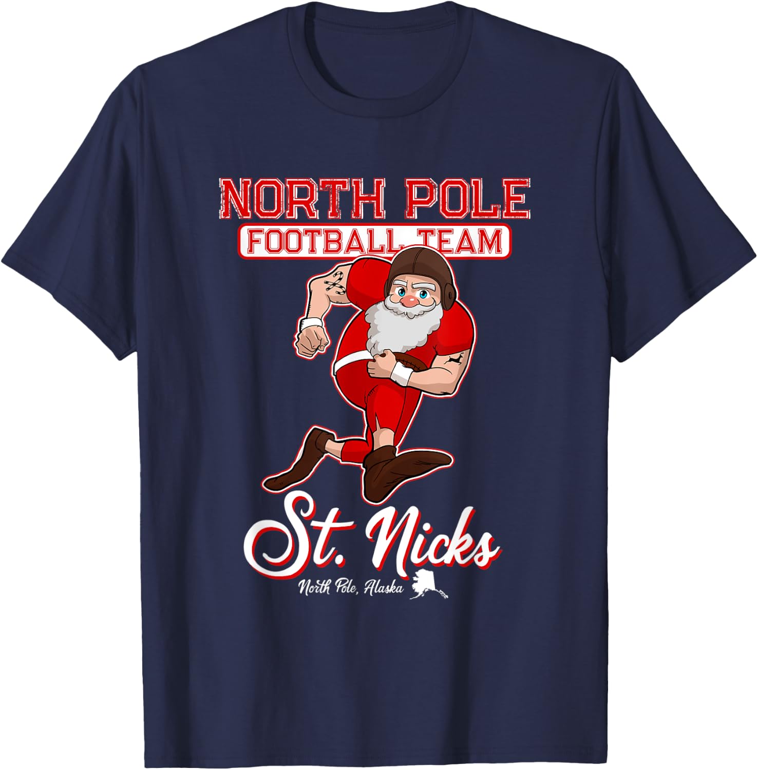 North Pole St. Nicks Funny Boys Football Santa Claus T-Shirt - T-Shirt | Navy