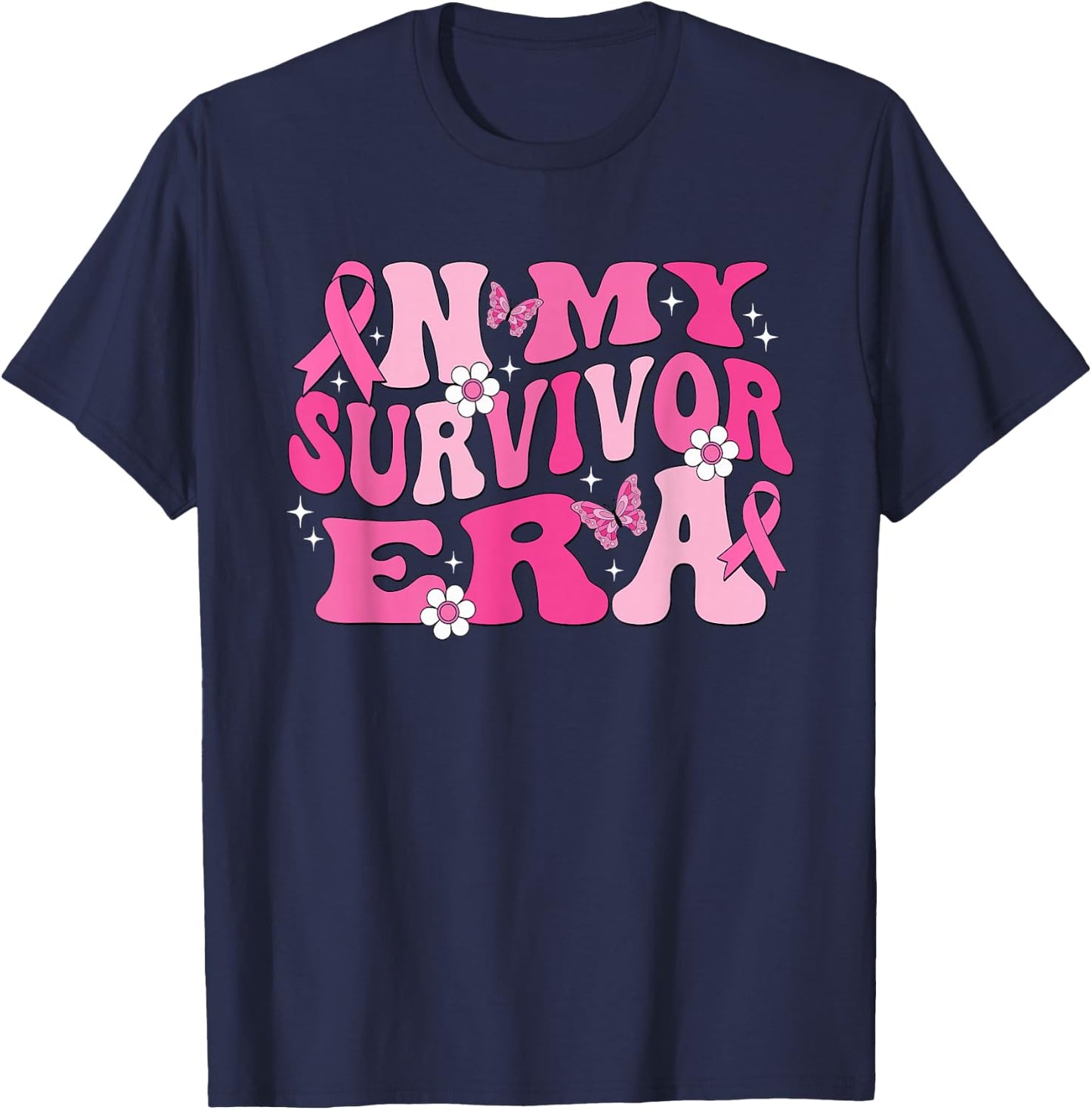 Groovy In My Survivor Era Pink Ribbon Breast Cancer T-Shirt - T-Shirt | Navy